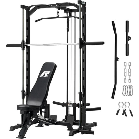 RitFit Smith Machinefor Home Gym, Power Cage Weight Half Rack Weight Lift with LAT-Pull Down System, Landmine (Smith Machine (with BWB01 Weight Bench))
