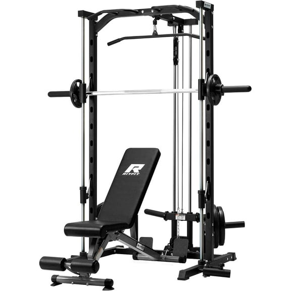 RitFit Smith Machinefor Home Gym, Power Cage Weight Half Rack Weight Lift with LAT-Pull Down System, Landmine (Smith Machine (with Weight Bench and Rubber Plates 140 LBS))