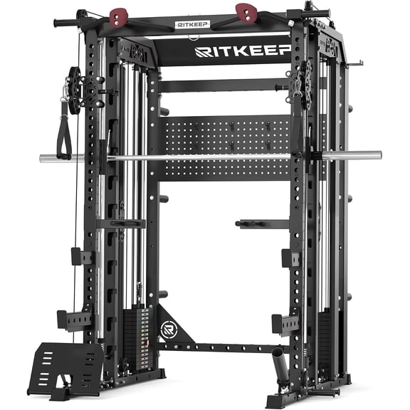 RitKeep Nimitz N1 Counterbalanced Smith Machine, Multi-Function Home Gym Power Rack with 300LB Steel Weight Stacks, 1:1/2:1 Dual Pulley System, 2500 LB Capacity, 10+ Attachments for Strength Training