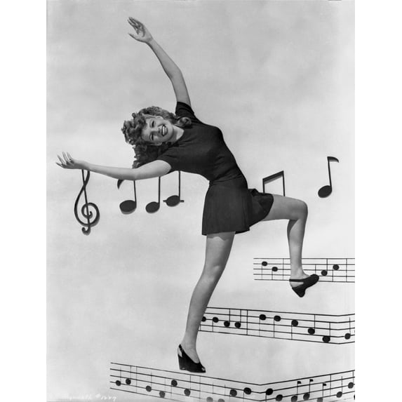 Rita Hayworth Bending Pose with a Musical Notes Background Photo Print (24 x 30)