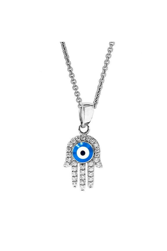 Ritastephen Sterling Silver Hamsa Hand Evil Eye Cubic Zirconia Adult Pendant Charm Necklace 20"