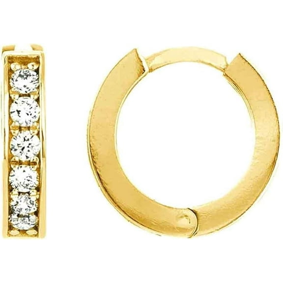 Ritastephens 10k Real genuine Yellow Gold Huggie Hoop Cubic-zirconia Channel-set Unisex Earrings 2mm by 12mm 0.07 inches by 0.47 inches