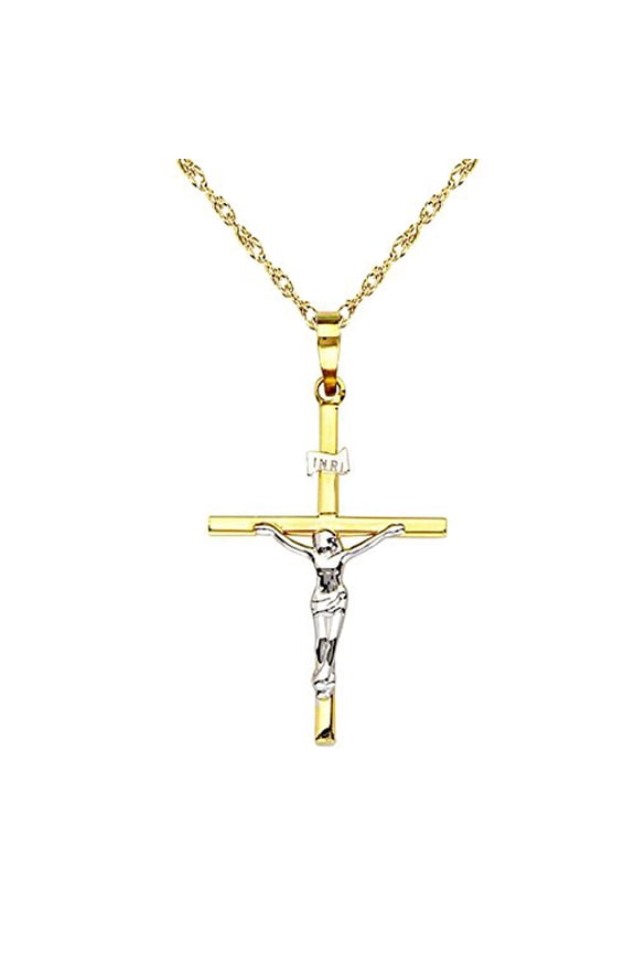 14K Yellow Gold Cross Two Tone Charm Pendant For Adult, Unisex