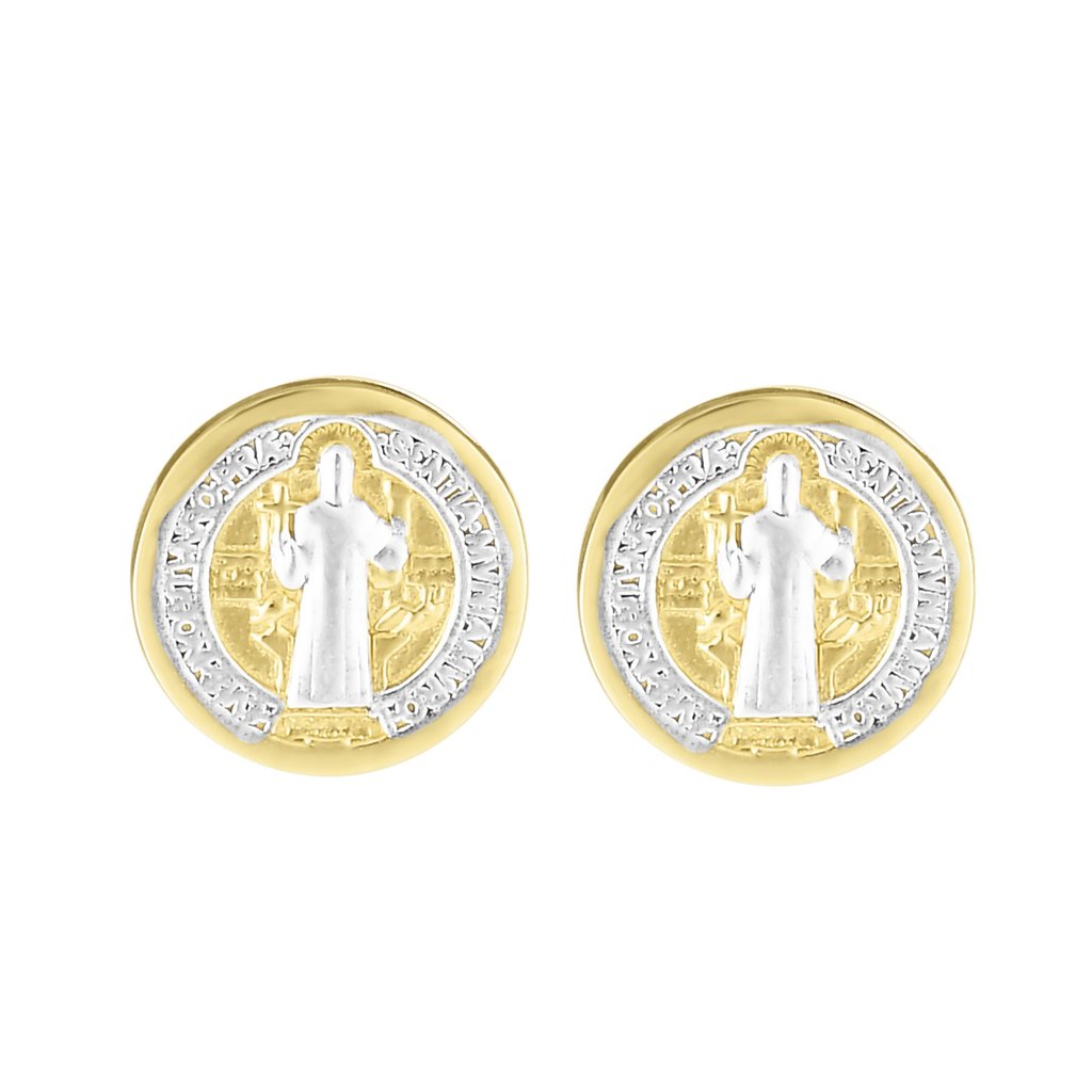 Ritastephens 14k Yellow White Two-tone Gold Mini Round San Benito St Saint Benedict Tiny Medal Stud Earrings For Female Adults, Teens and Kids - image 1 of 5