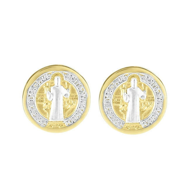 Ritastephens 14k Yellow White Two-tone Gold Mini Round San Benito St Saint Benedict Tiny Medal Stud Earrings For Female Adults, Teens and Kids