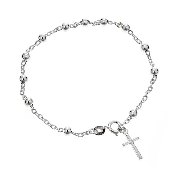 Ritastephens 925 Sterling Silver Adult Rosary Bead Cross Religious Bracelet 7"