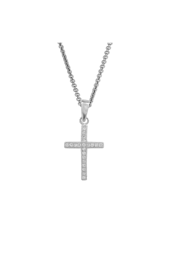 925 Sterling Silver Cubic Zirconia Baby Cross Charm Pendant Necklace (18 inches )