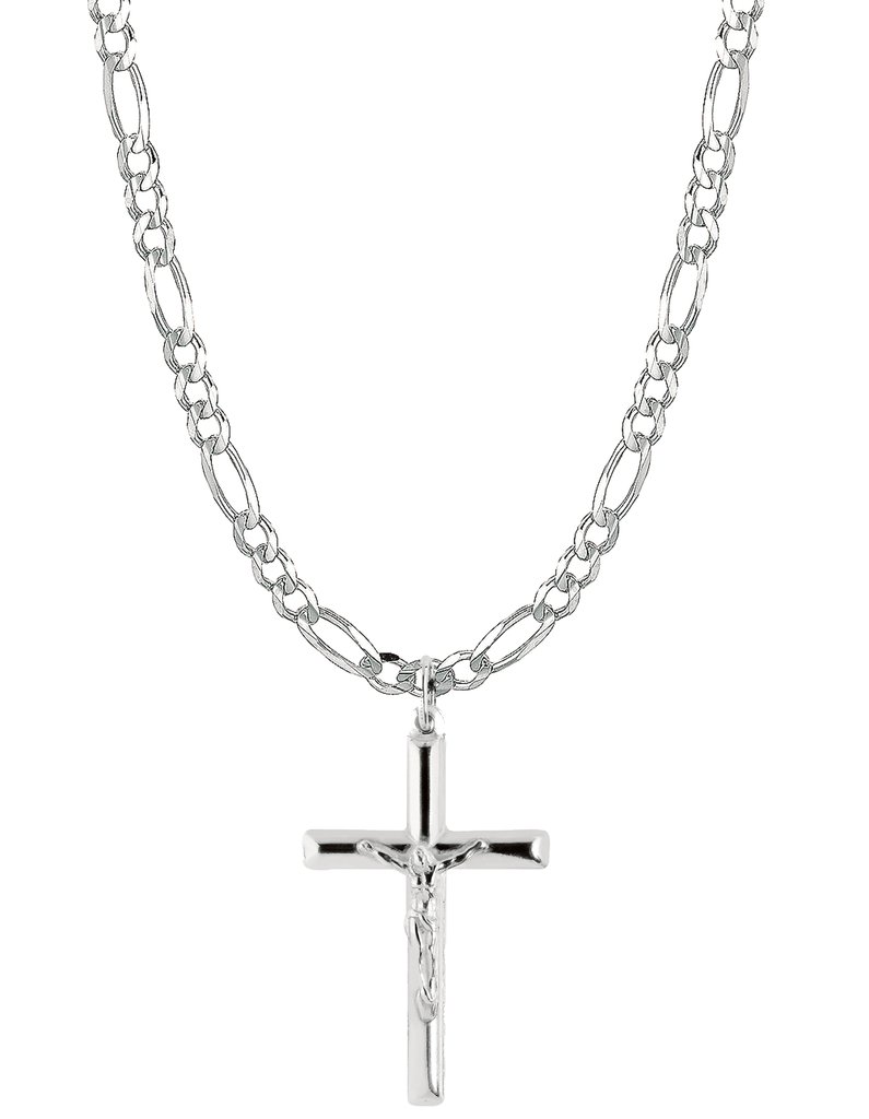 Ritastephens 925 Sterling Silver Men Crucifix Cross Pendant Necklace w/ 20" Italian Figaro Chain