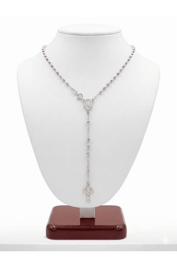 925 Sterling Silver Rosary Necklace for Women & Men - 3mm Beads, 16 Inch Length - Miraculous Mary Medal & Crucifix - Hypoallergenic Religious Jewelry Gift