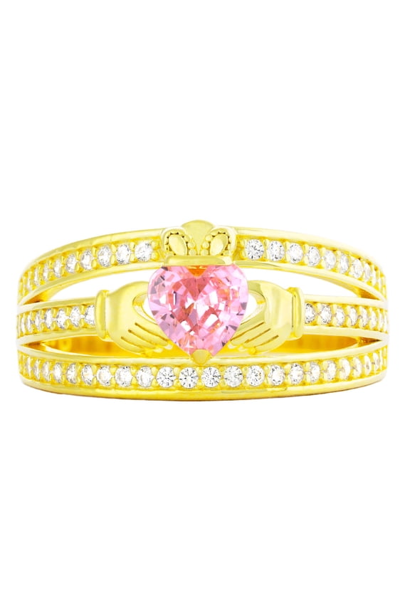 Claddagh Ring Birthstone Heart Sterling Silver 925 Cubic Zirconia October-pink stone yellow gold overlay size 7