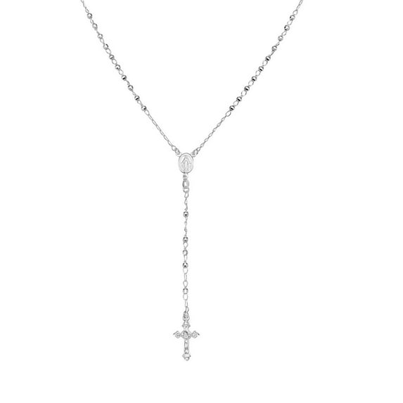 Ritastephens Italian Sterling Silver Adult Diamond-cut 3mm Rosary Bead Virgin Mary Cross Necklace