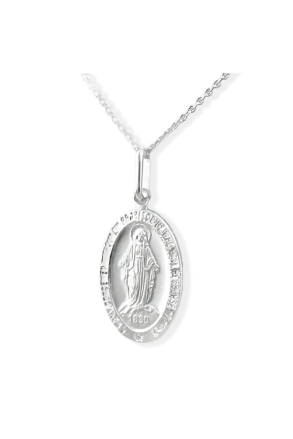 Miraculous Virgin Mary Medal Charm Pendant Latin Prayer Necklace, Sterling Silver