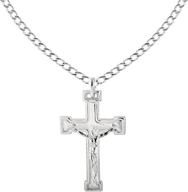 Ritastephens Large Cross Crucifix Men Necklace Sterling Silver 925 Curb Chain 20inches Long