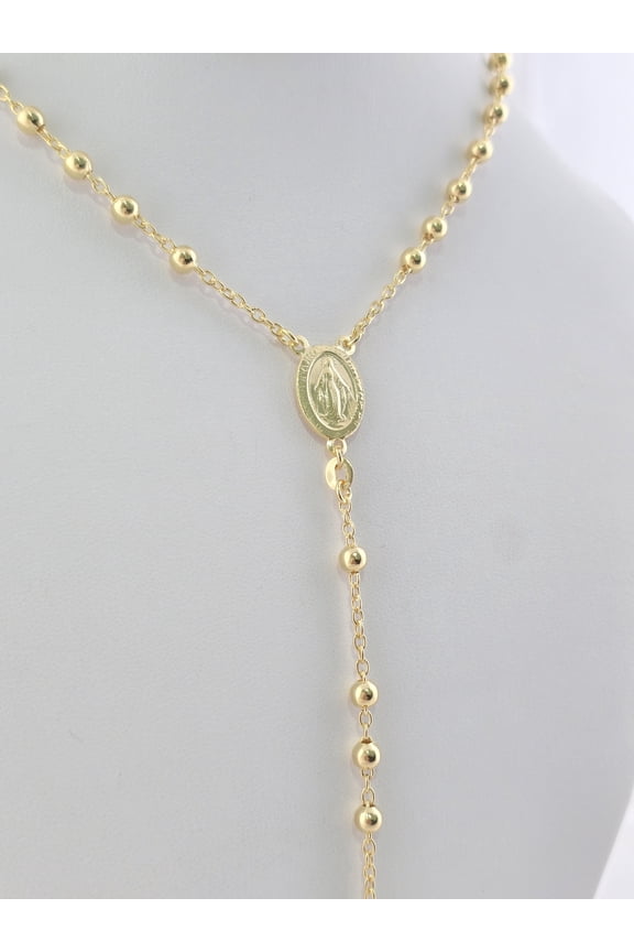 Rosary Necklace 4mm Praying Beads Yellow gold overlay sterling silver 925- Virgin Mary and Cross Necklace 24 inches long