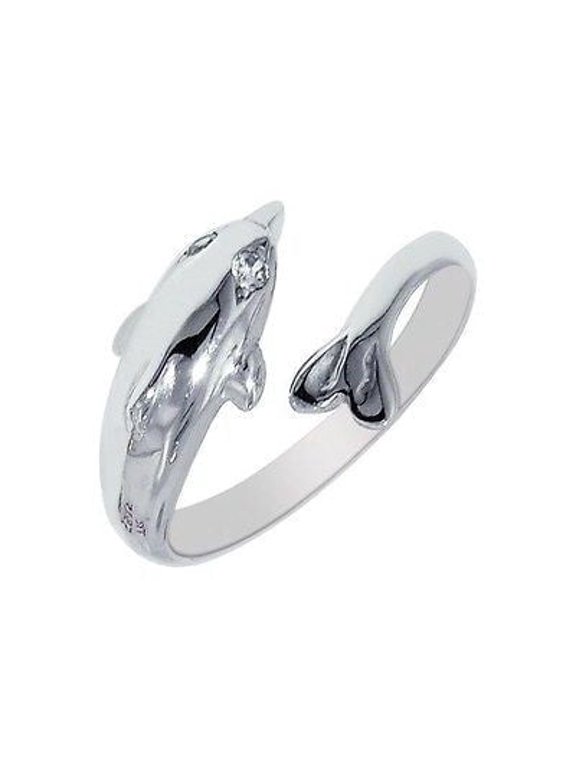 Sterling Silver Dolphin Cubic Zirconia Crossover Adjustable Ring