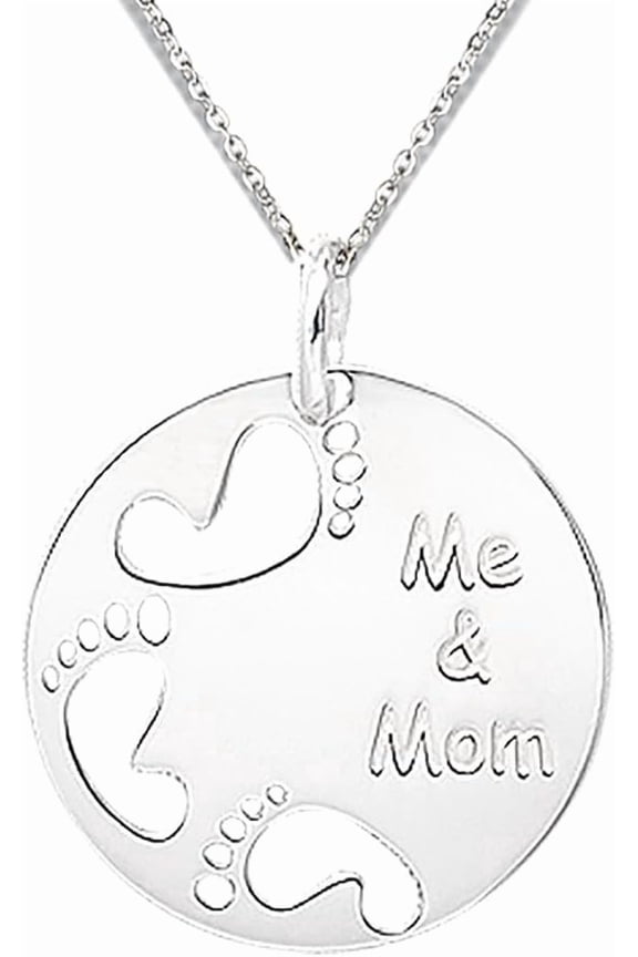 Sterling Silver ME & MOM Foot Print Small Round Charm Pendant Adjustable Necklace 24MM
