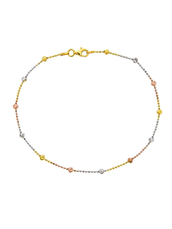 Tri-Color Moon-Cut Round Station Bead Italian Foot Chain Anklet, 10 Inches, Sterling Silver
