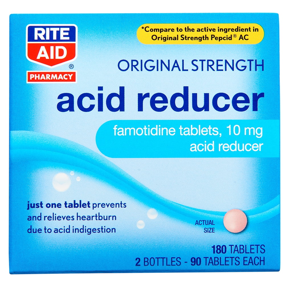 Rite Aid Acid Reducer, Original Strength Famotidine Tablets, 10 mg - 2 Bottles, 90 Count Each (180 Count Total) | Heartburn Relief | Acid Reflux | Antacid Chews & Tablets, Heartburn Chews & Tablets