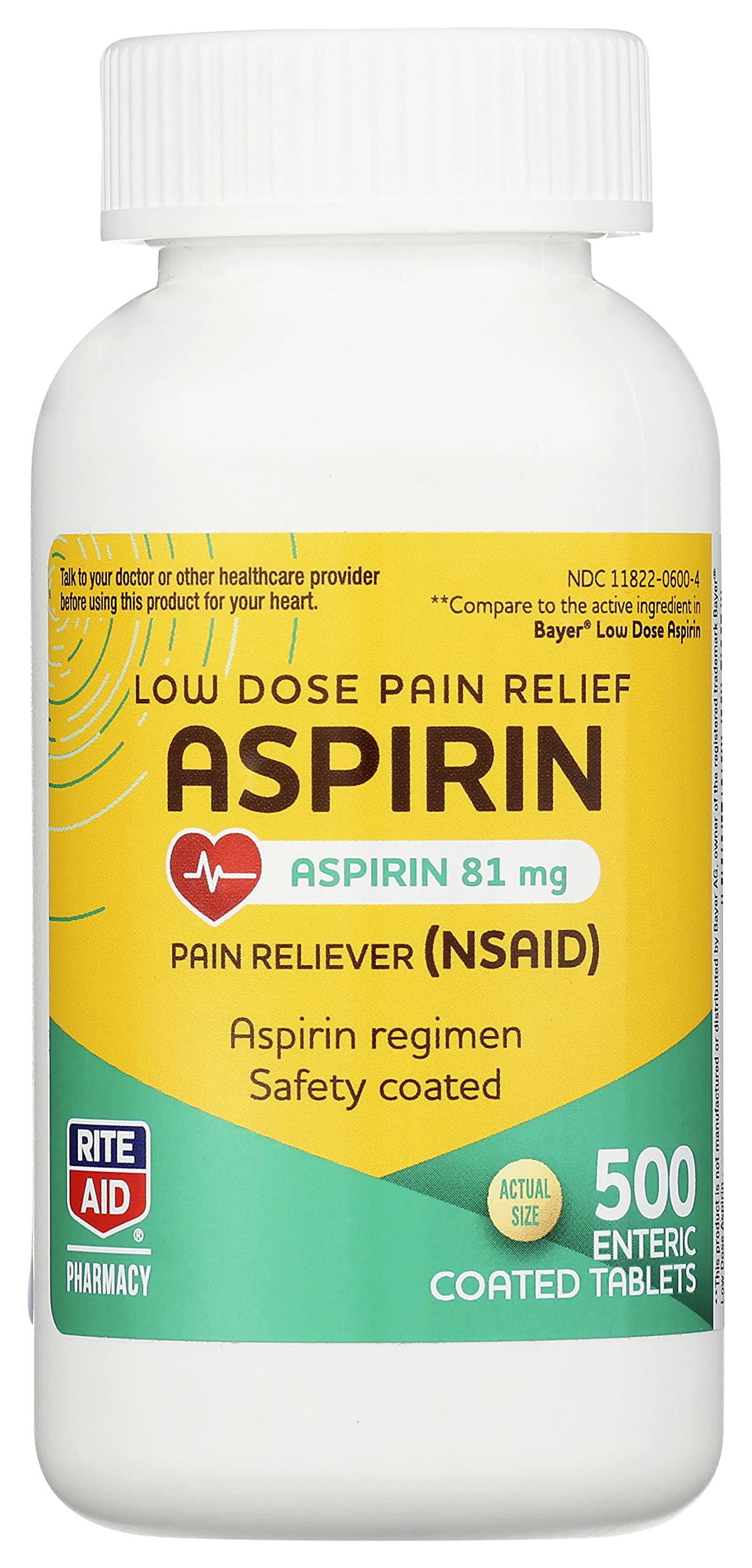 Rite Aid Aspirin Enteric Tablets 81 mg Aspirin 500 Count LowDose