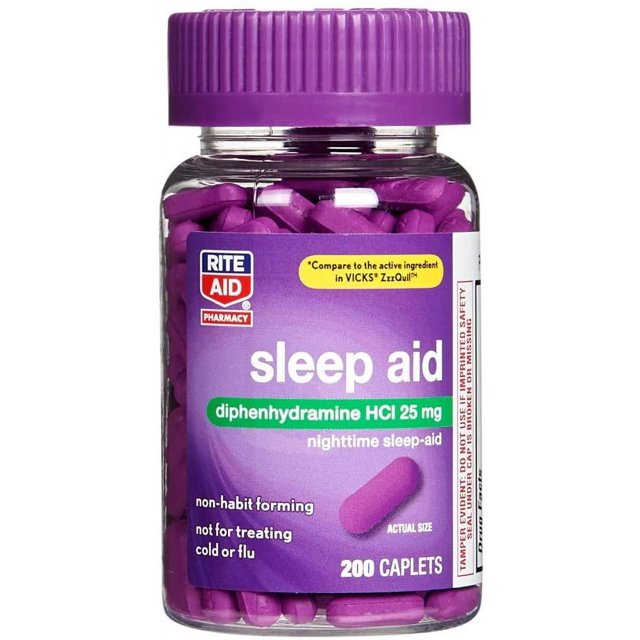 Rite Aid Natural Sleep Aid Caplets, Diphenhydramine HCl, 25mg 200 Count , Sleeping Pills for
