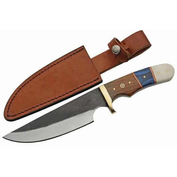 SZCO Supplies 10.5 Bone and Wood Handle Outdoor Fixed Blade Utility Knife with Leather Sheath