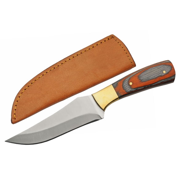 SZCO 8.5" Cardinal Wood Hunter Knife, Full Tang Red/Black Pakkawood Handle, Stainless Steel Fixed Blade with Brass Bolster for Outdoor Hunting and Utility