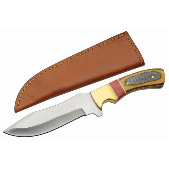 SZCO Supplies 9.5 Red Amber Wood/Brass Handle Outdoor Fixed Blade Knife with Sheath