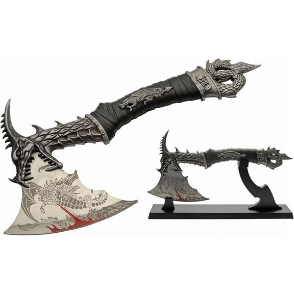 SZCO 14.5" Dragonborn Dovahkiin Ornate Dragon Hatchet, Stainless Steel Graphic Blade with ABS Dragon Handle, Collectible Display Axe for Home Decor with Wooden Stand