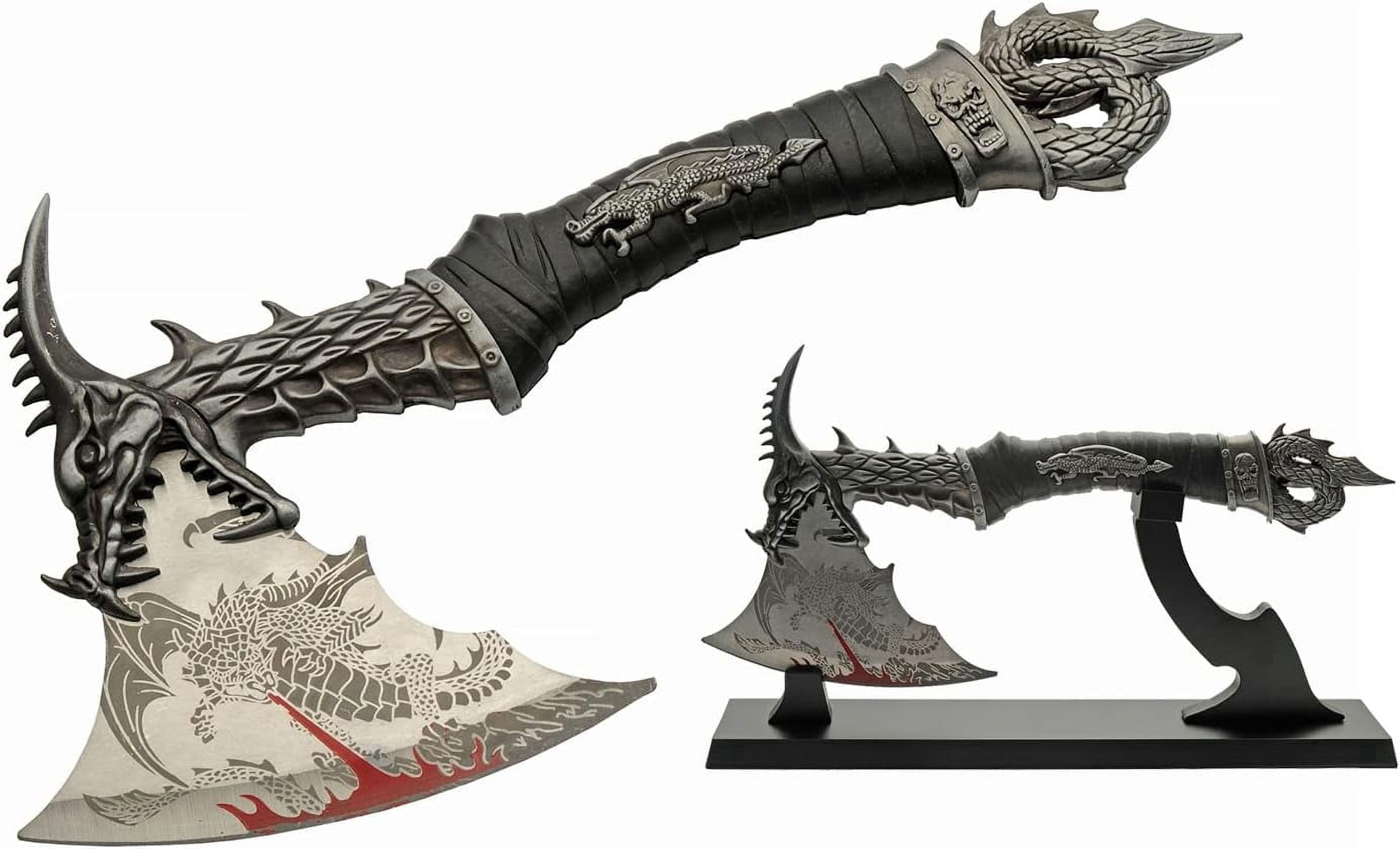 SZCO 14.5" Dragon Hatchet, Stainless Steel Graphic Blade with Dragon Handle, Collectible Display Axe for Home Decor with Wooden Stand