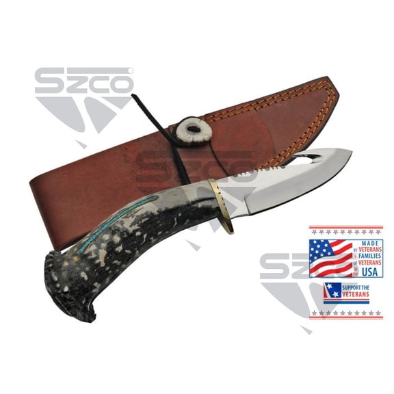 SZCO 9" Deer Antler Guthook Style Utility Tool with Turquoise Accent Handle, Stainless Steel and Sheath