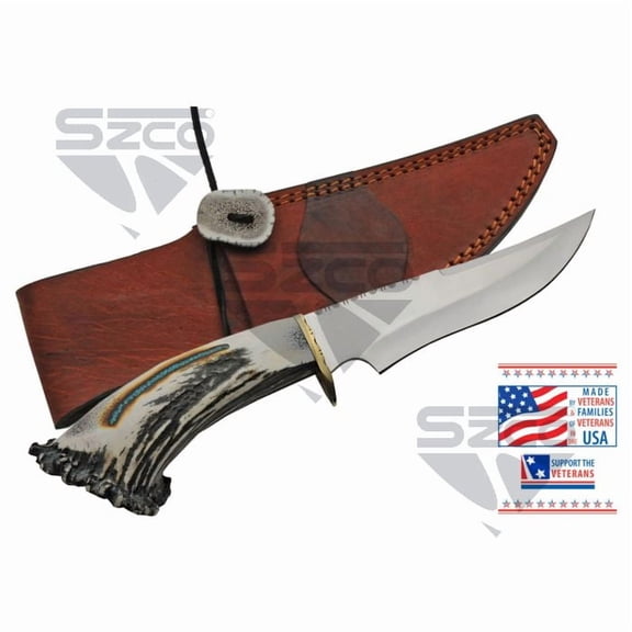 SZCO 12" Elk Antler Hunter Style Utility Piece with Turquoise Accent Handle, Stainless Steel and Protective Sheath