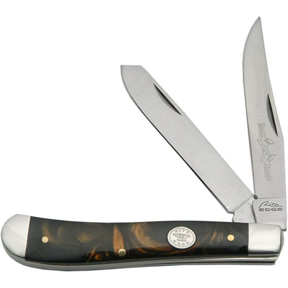 Rite Edge Large Trapper Folding Knife, 3.75" Black Pearl Handle with 2 Stainless Steel Blades and Steel Bolsters