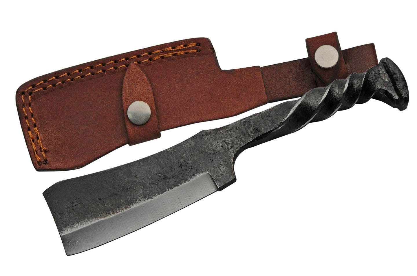 SZCO 9-Inch Hand-Forged Industrial Style Fixed Blade Twisted Carbon Steel Handle with Straight Edge and Leather Sheath