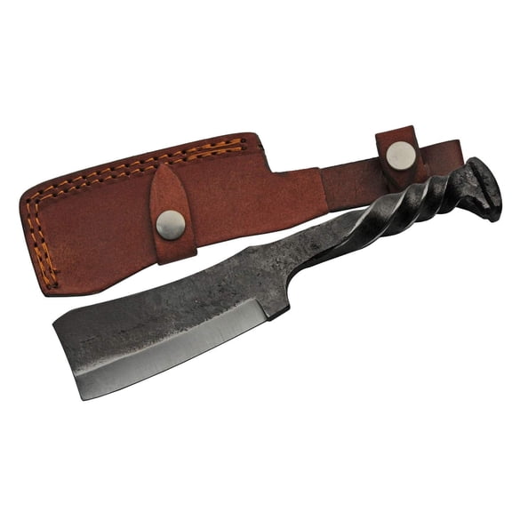 SZCO 9-Inch Hand-Forged Industrial Style Fixed Blade Twisted Carbon Steel Handle with Straight Edge and Leather Sheath