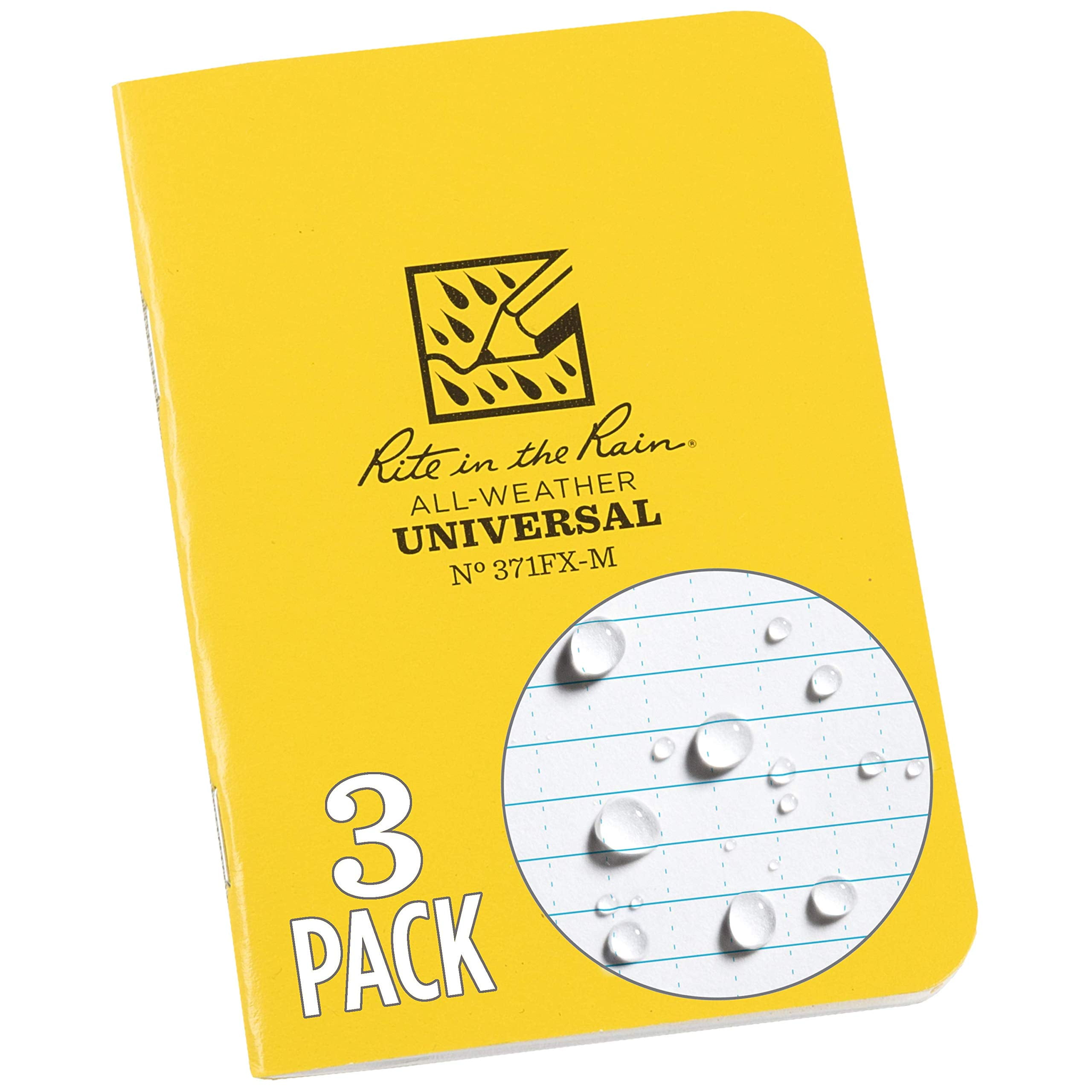 Rite In The Rain All-Weather Mini-Stapled Notebook, 3 1/4" x 4 5/8", Yellow Cover, Universal Pattern, 3 Pack (No. 371FX-M), 4.625 x 3.5 x 0.125