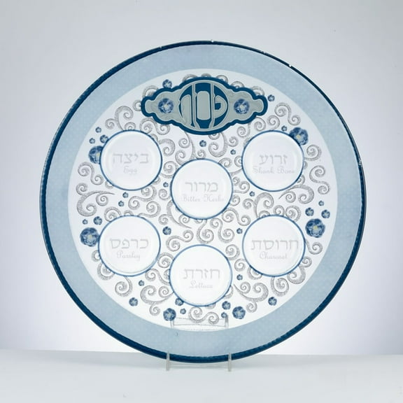 Rite Lite 12" Elegant Glass Passover Seder Round Plate - Blue/Gray