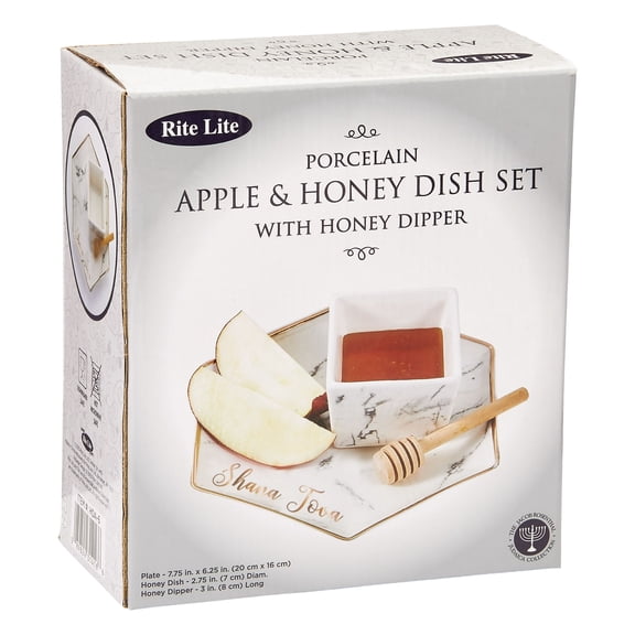 Rite Lite 8.25" White and Gold Apple Plate with Ceramic Honey Dish Set