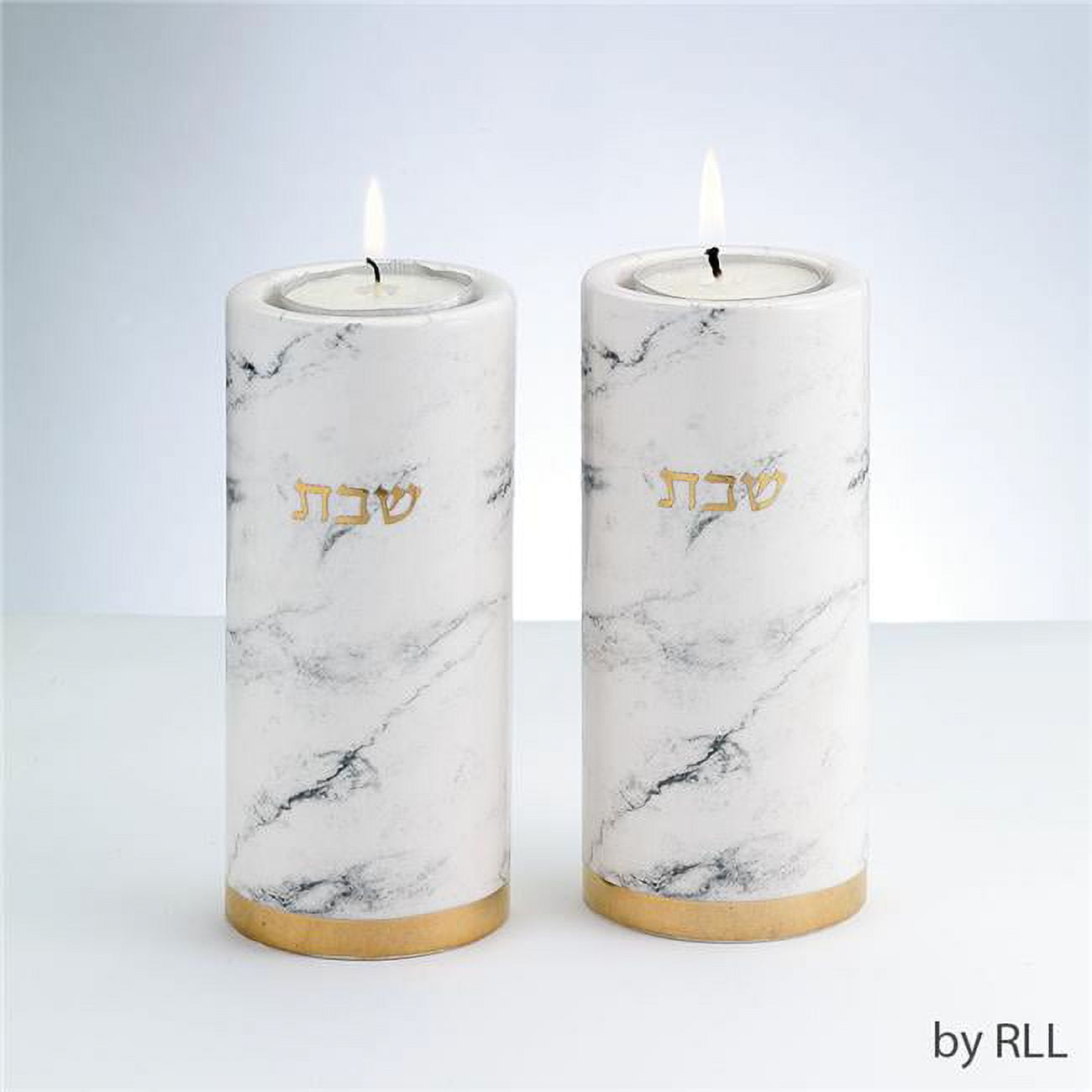 White Ceramic Shabbat Candlestick Set with Gold Accents