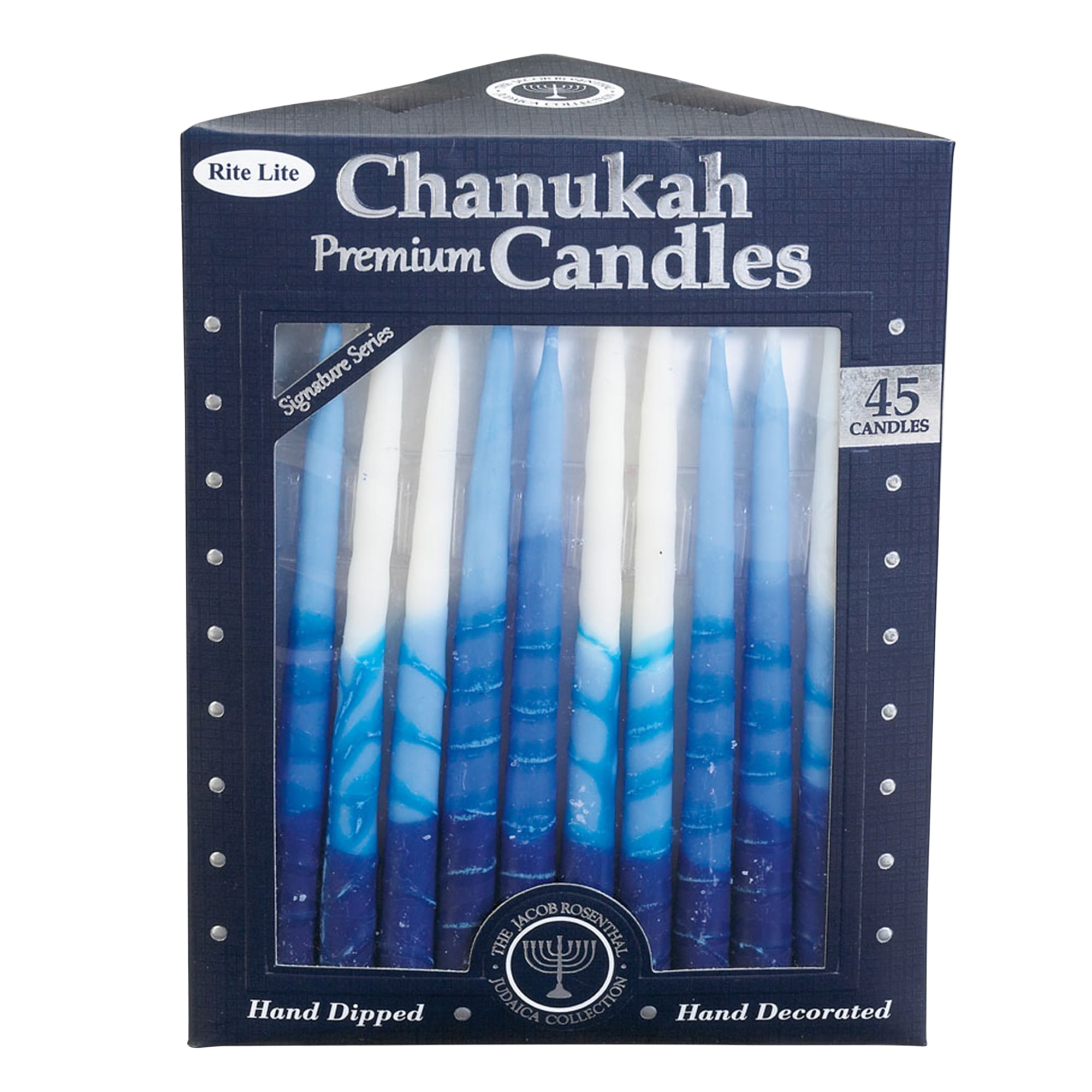 Rite Lite Chanukah Candles Hand Crafted Blue, Light Blue & White Colors. Box of 45
