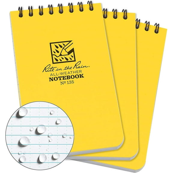 Rite in the Rain All-Weather Top-Spiral Notebook, 3" x 5", Yellow Cover, Universal Pattern, 3 Pack No. 135-3