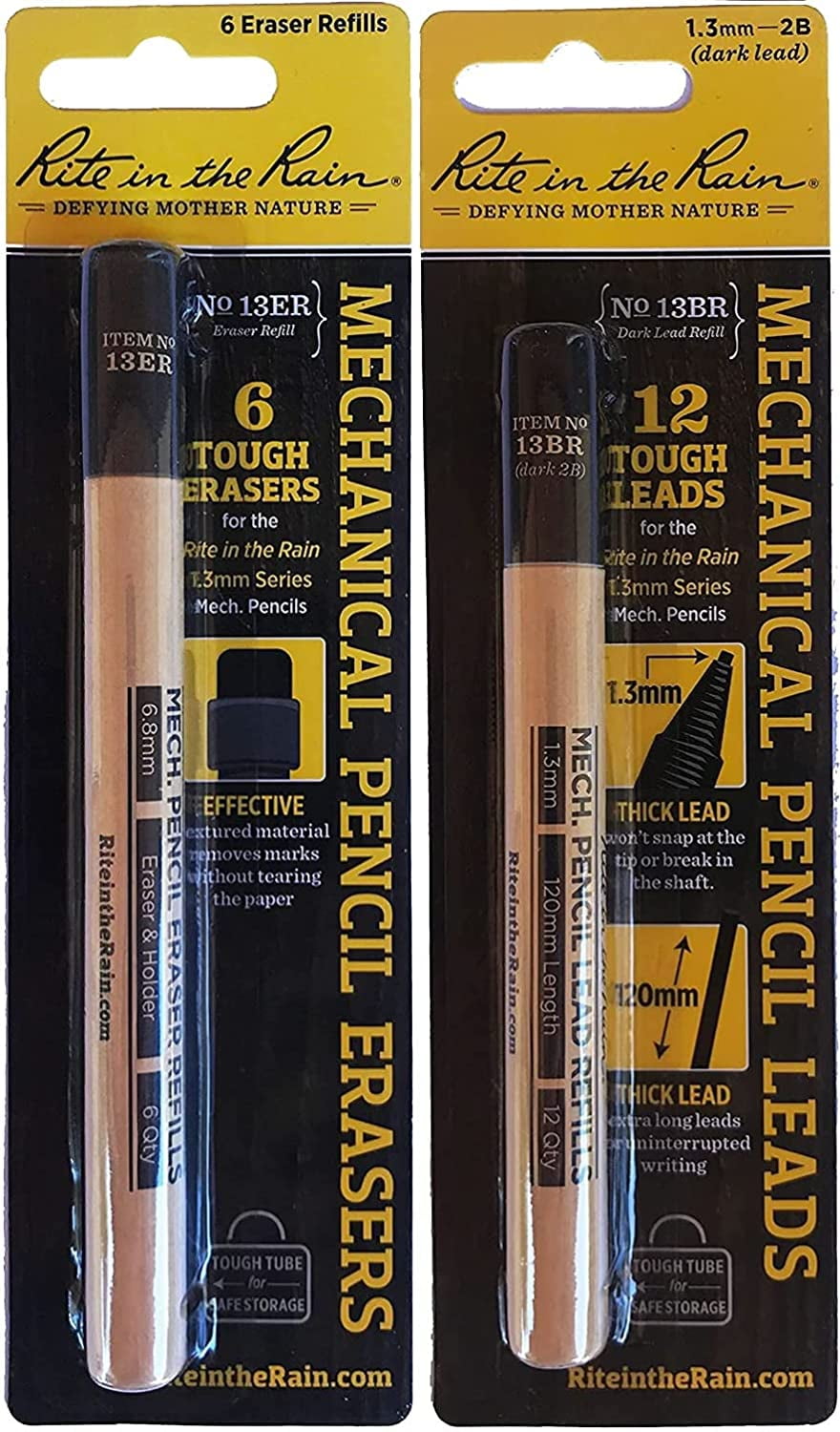 Rite in the Rain Eraser and Lead replacement set, 6 13ER Replacement Erasers, 12 13BR Replacement Leads (Fits YE13 Mechanical Pencils)