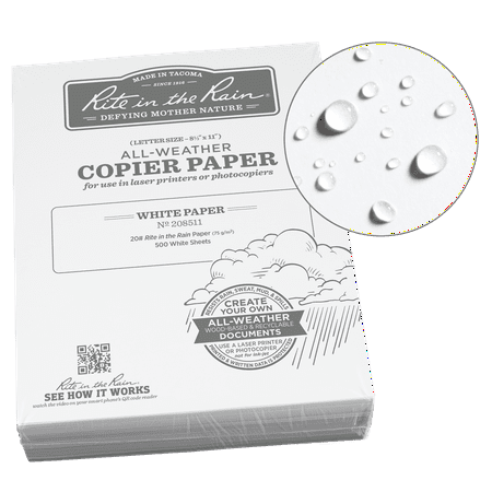 Rite in the Rain Weatherproof Bulk Copier Paper, 8.5" x 11", 20# White, 500 Sheet Pack (No. 208511)
