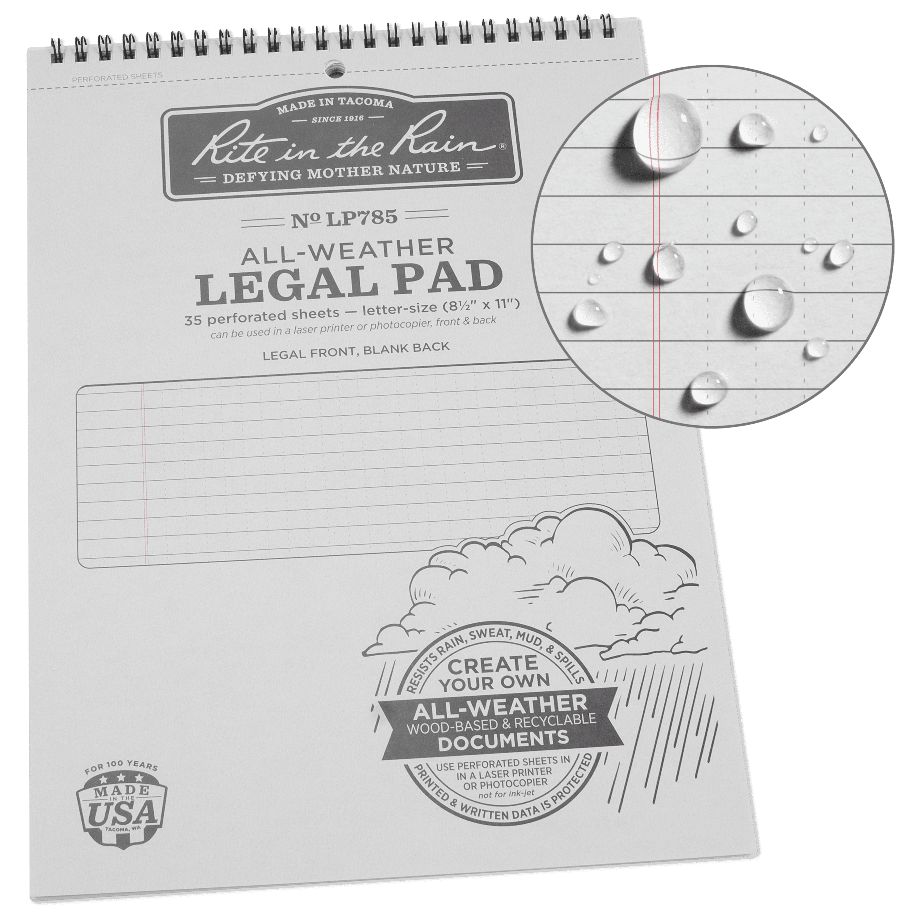 Rite in the Rain Weatherproof Legal Pad, 8.5 x 11, Gray Cover, Legal  Pattern (No. LP785)