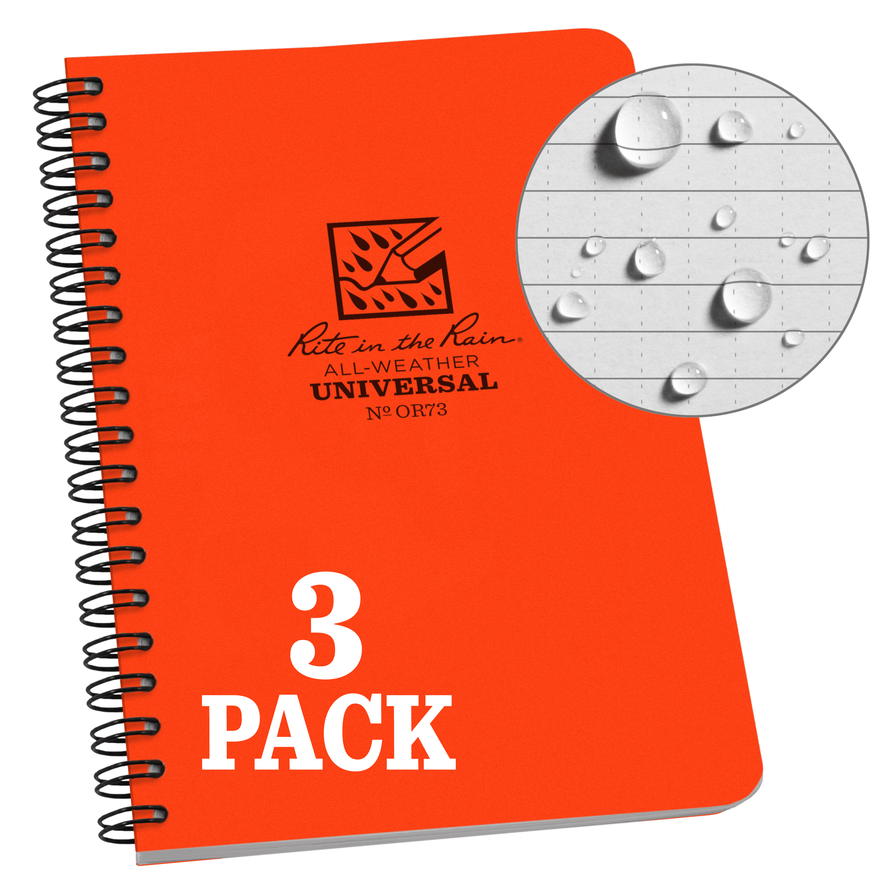 Rite in the Rain Weatherproof Side Spiral Notebook, 4.625" x 7", Orange Cover, Universal Pattern, 3 Pack