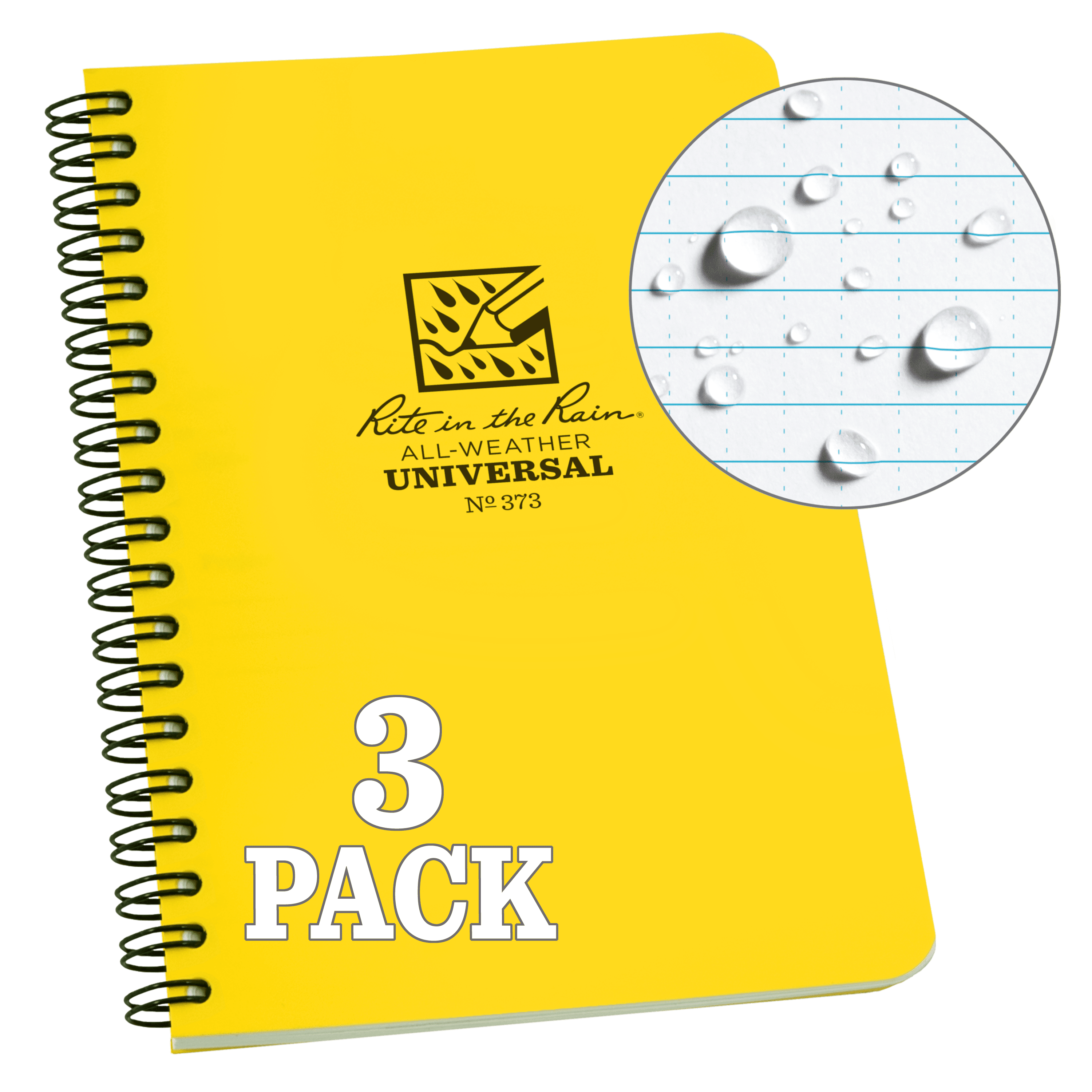 Rite in the Rain Weatherproof Side Spiral Notebook, 4.625" x 7", Yellow Cover, Universal Pattern, 3 Pack