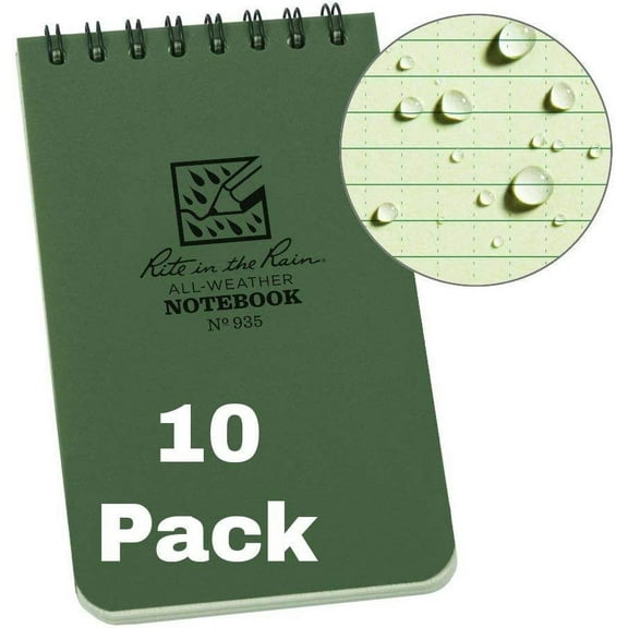 Rite in the Rain Weatherproof Top-Spiral Notebook, 3" x 5", Green Cover, Universal Pattern, 10 Pack No. 935