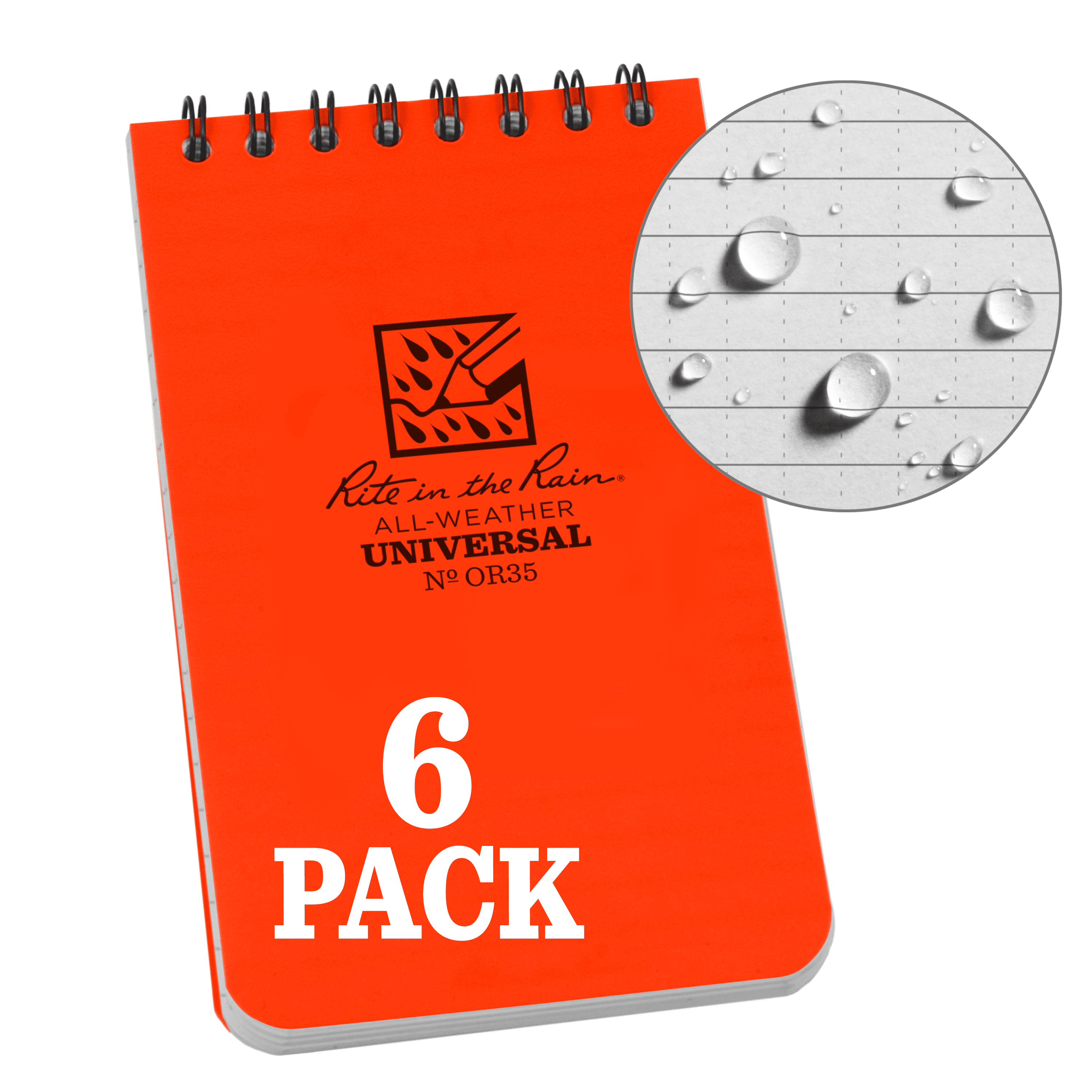 Rite in the Rain Weatherproof Top Spiral Notebook, 3" x 5", Orange Cover, Universal Pattern, 6 Pack (No. OR35L6)