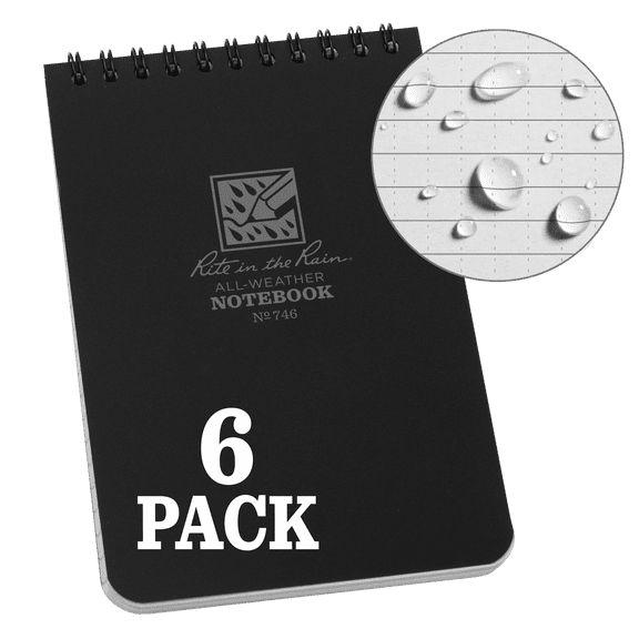 Rite in the Rain Weatherproof Top Spiral Notebook, 4" x 6", Black Cover, Universal Pattern, 6 Pack (No. 746L6)