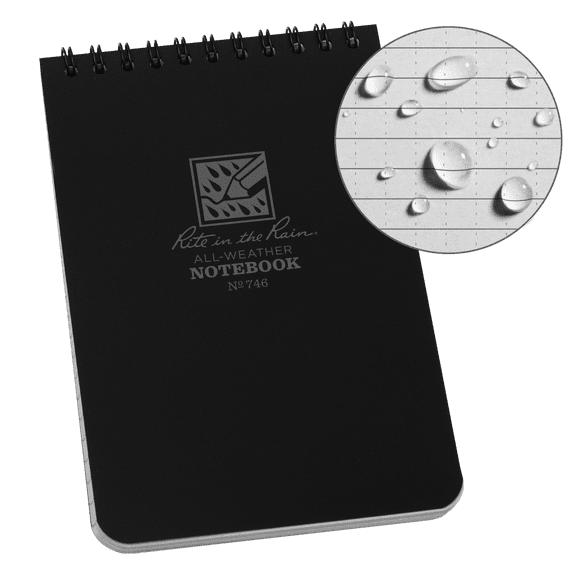 Rite in the Rain Weatherproof Top Spiral Notebook, 4" x 6", Black Cover, Universal Pattern (No. 746)