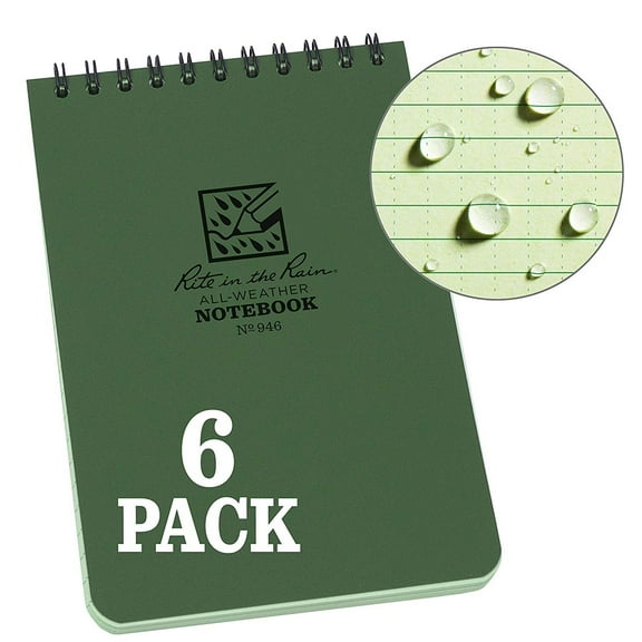 Rite in the Rain Weatherproof Top Spiral Notebook, 4" x 6", Green Cover, Universal Pattern, 6 Pack No. 946L6